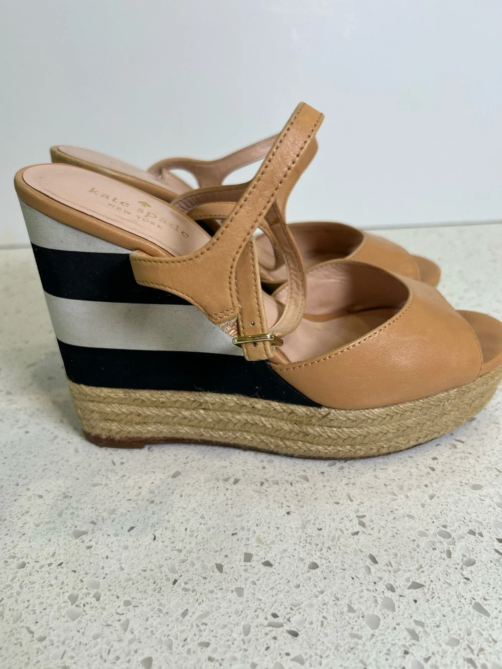 kate spade Tan Espadrille Black & White Stripe Wedge Sandals 8 1/2